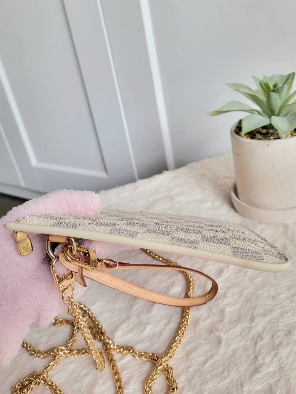 Louis Vuitton Neverfull Mm Clutch Wristlet Damier Azur Rose Ballerine